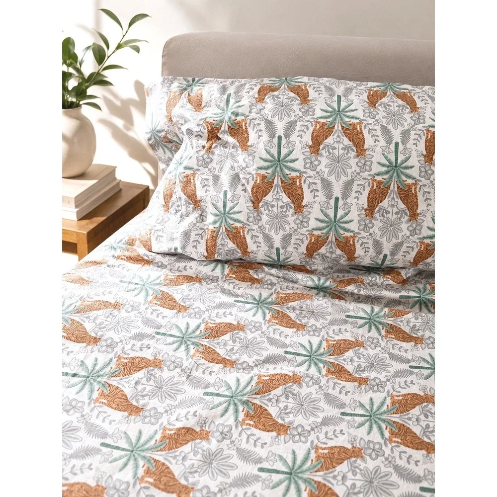 House of Verdi Tiger Palm Tree Jungle Print King Sheet Set Boho Bungalow